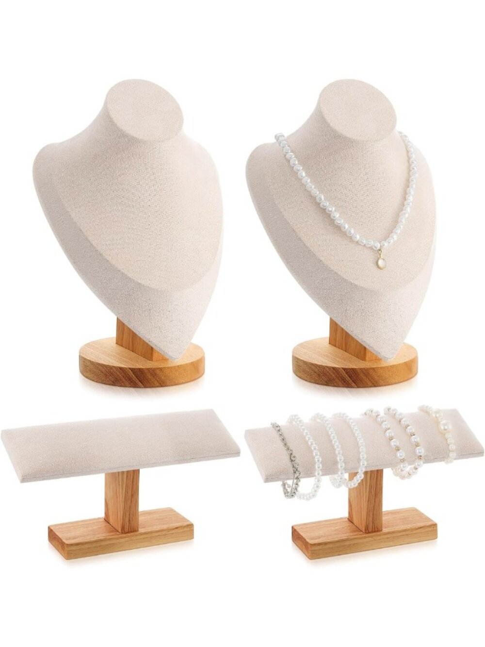 4-Piece Wooden Jewelry Display Set - T-Bar Necklace & Bracelet Holder Stand
